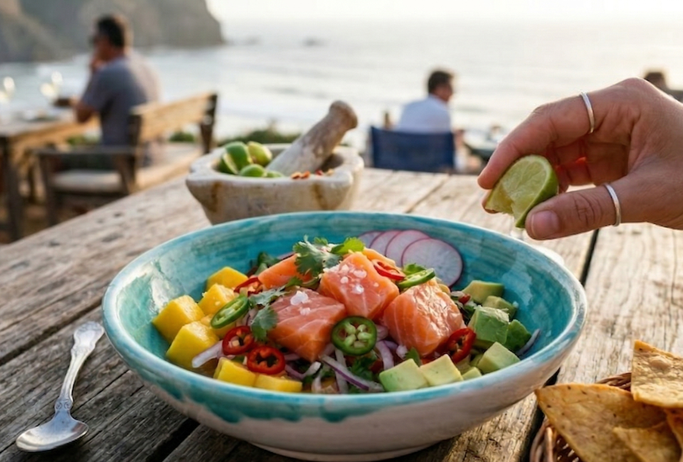 Uma pessoa com anéis de prata espreme um limão sobre uma tigela de ceviche de salmão com manga, abacate e pimenta, servida numa mesa de madeira rústica à beira-mar, com 