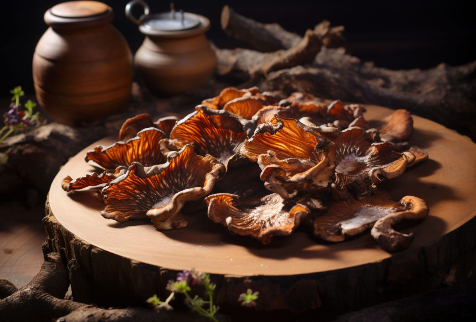 Fatias de cogumelo reishi dispostas sobre uma tábua de madeira, com potes de barro ao fundo.