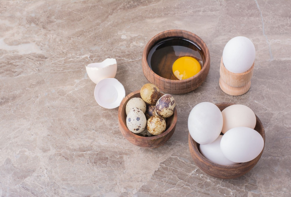 Pequenas taças de ovos de galinha e codorniz