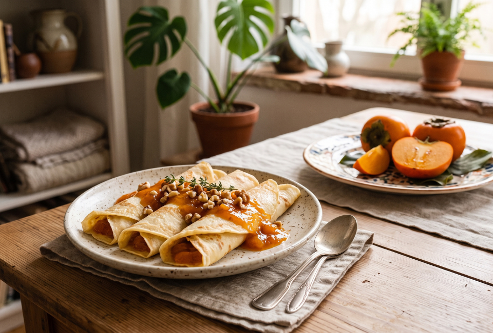 Prato com três crepes de aveia enrolados, servidos com doce de dióspiro e frutos secos 