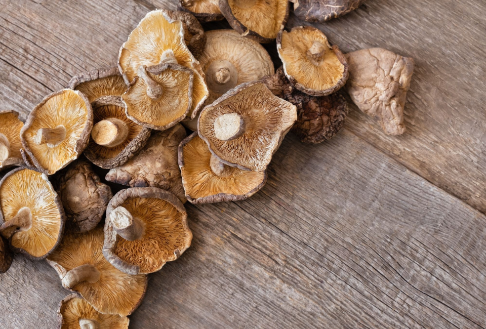 Uma vista superior e em grande plano de um aglomerado de cogumelos shiitake secos, alguns inteiros e outros em pedaços, sobre uma superfície rústica de madeira texturizada, banhados por uma luz natural suave.
