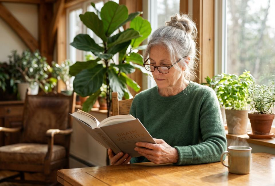 Uma mulher idosa, de cabelos grisalhos apanhados e óculos, sentada a uma mesa de madeira numa sala soalheira, lê atentamente um livro, ladeada por várias plantas de interior.