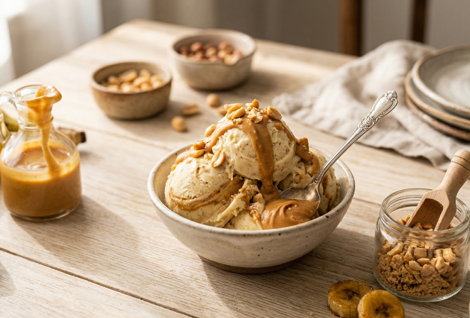 Gelado de banana e manteiga de amendoim, com um fio de manteiga de amendoim a escorrer e nozes inteiras, numa tigela cerâmica rústica sobre uma mesa de madeira, com uma colher de prata