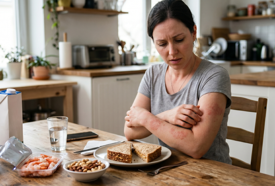 Mulher sentada à mesa em frente a um prato com pão, amendoim e camarão, com sintomas de alergia alimentar na pele