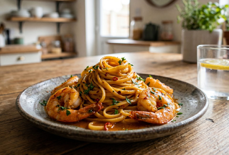 Uma taça rústica de cerâmica com massa linguine e camarões grandes em molho de tomate e malagueta, servida numa mesa de madeira com um copo de água ao lado.