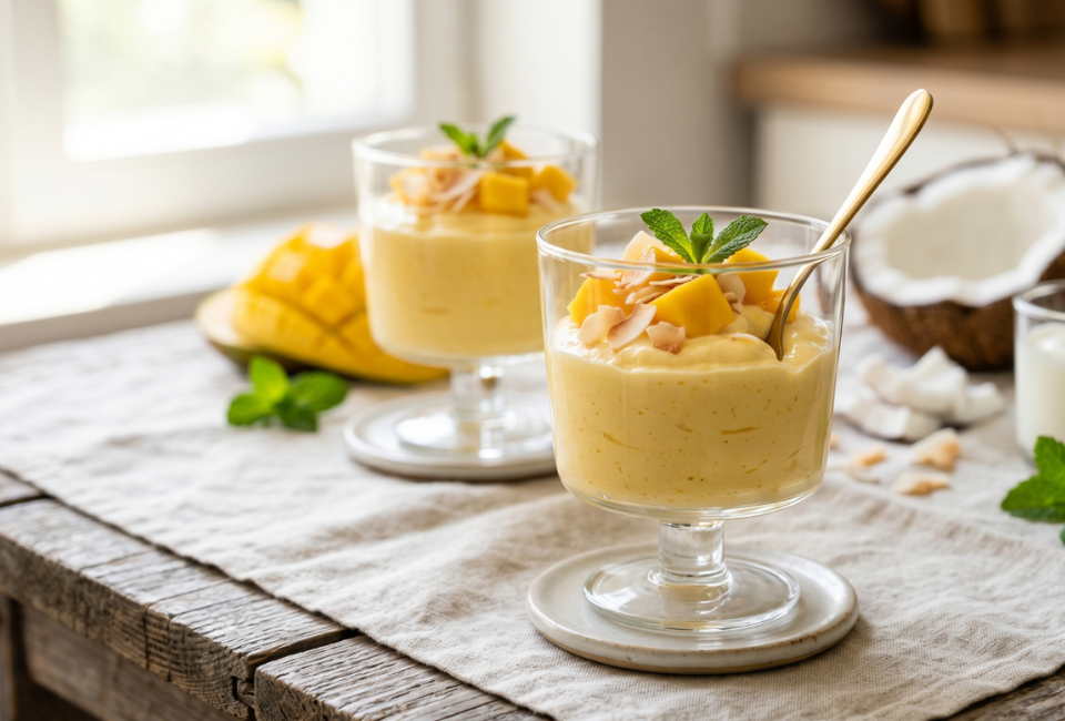 Dois copos de vidro com mousse de manga amarela, decorados com pedaços de fruta, lascas de coco e hortelã, dispostos sobre uma mesa de madeira rústica ao lado de uma manga fatiada e coco.