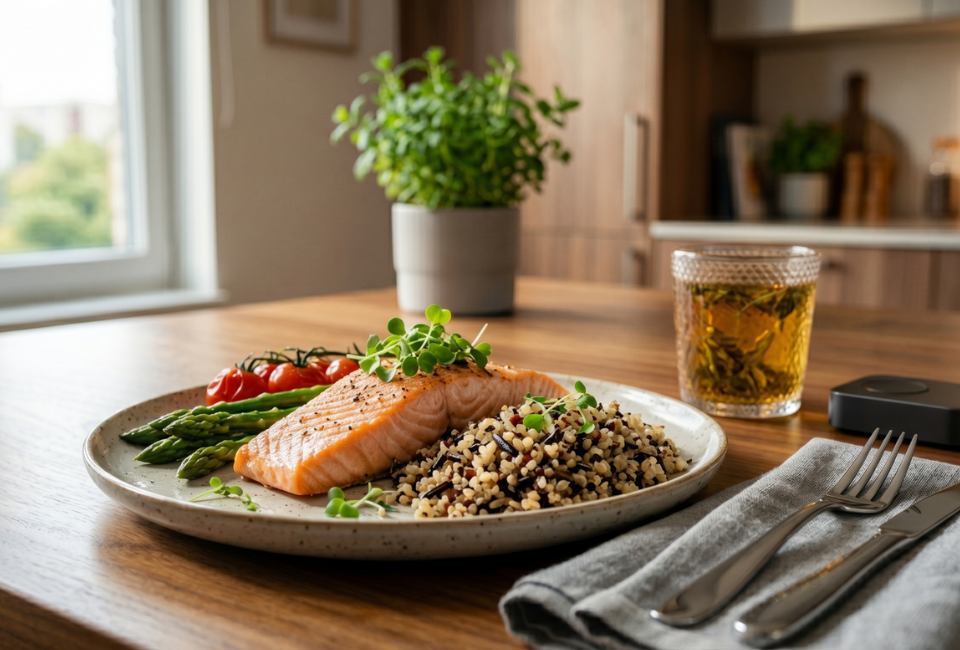 Um prato de salmão grelhado e quinoa com aspargos e tomates, servido com chá e talheres em uma mesa de madeira na cozinha.