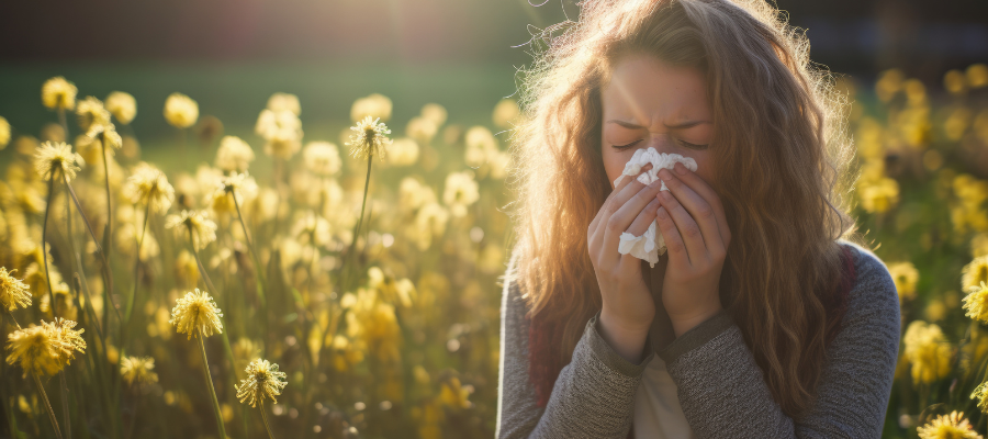 Mulher a espirrar a sentir os sintomas das alergias da primavera