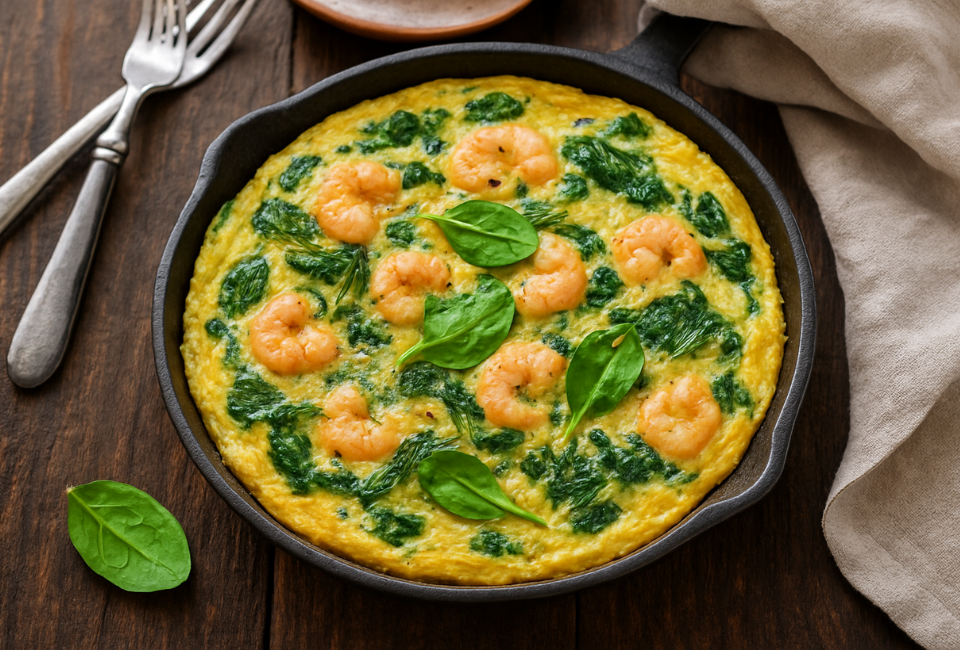 Omelete de camarão e espinafres servida num prato com talheres e guardanapo dispostos em cima de mesa de madeira