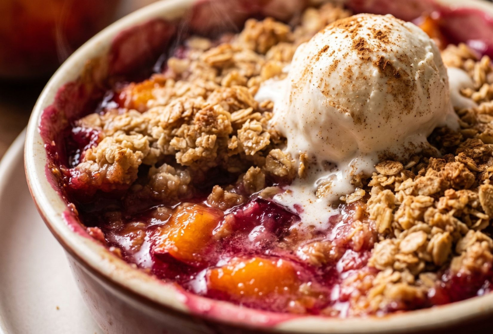 Uma crumble de pêssego e ameixa quente, com gelado de baunilha, polvilhado com canela, a derreter por cima.