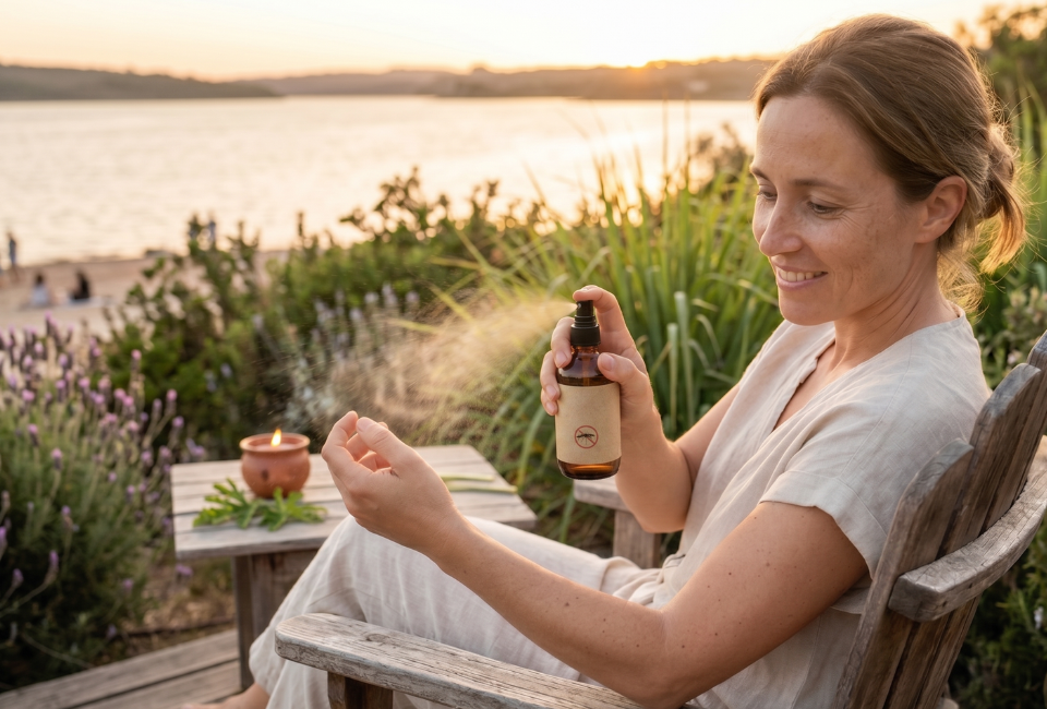 Uma mulher sorridente sentada num deque de madeira ao pôr do sol, borrifando um spray de citronela na mão, rodeada por plantas de lavanda e alecrim.