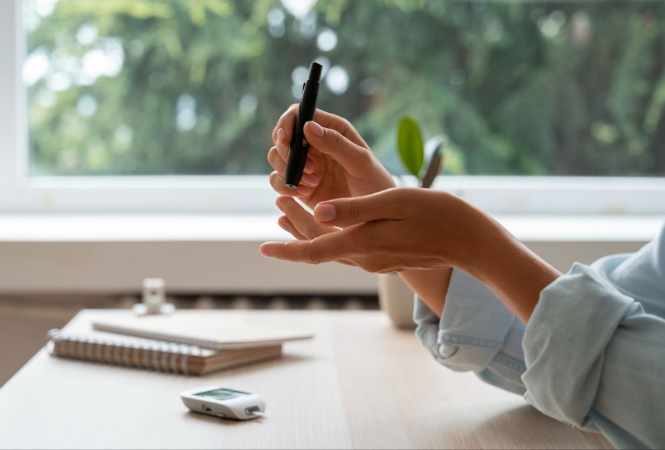 Mulher a medir a glicemia no dedo com medidor de glicemia, em ambiente doméstico.