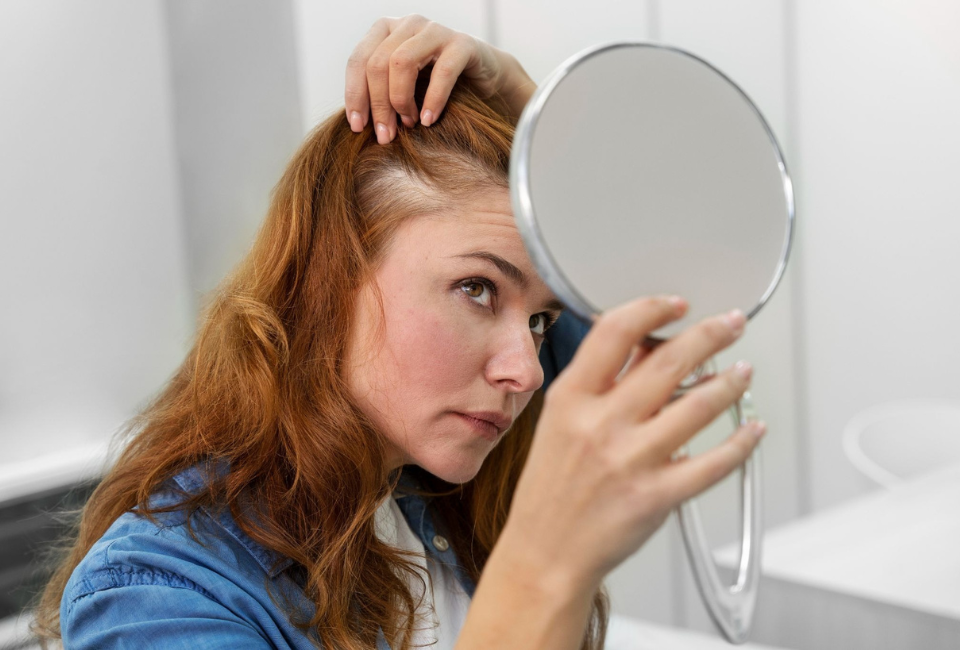Mulher com um pequeno espelho na mão a ver os efeitos da queda de cabelo