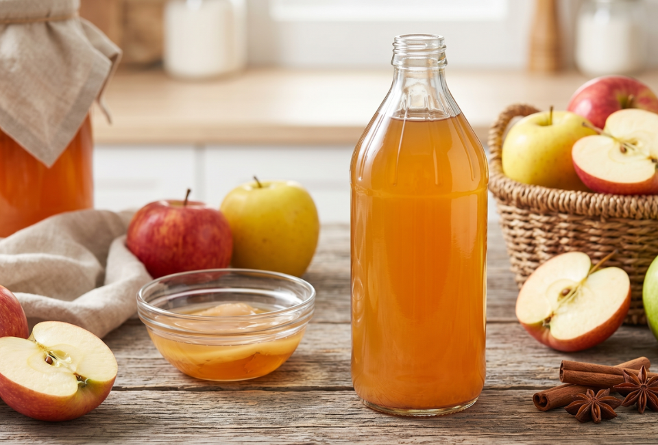Uma garrafa de vidro com vinagre de sidra de maçã sobre uma mesa de madeira rústica, rodeada por várias maçãs inteiras e cortadas, uma cesta de vime, paus de canela e anis estrelado.